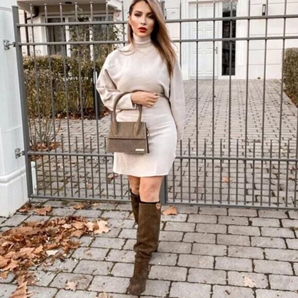 Zara High Neck Knit Mini Dress Beige Size S Blogger Favorite - Picture 6 of 11